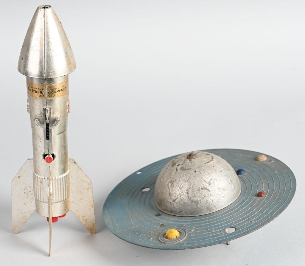 ASTRO PLANE-IT & ROCKET BANKS: Nice pair of vintage banks. Both all original. Largest 11" Very Good-Excellent
