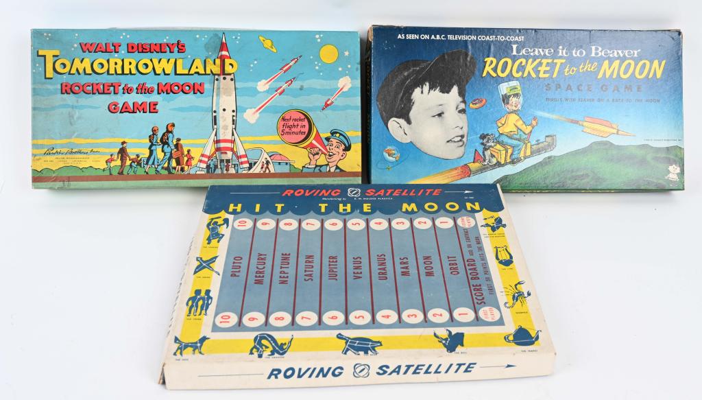 3- VINTAGE SPACE RELATED BOARD GAMES: Includes Leave it to Beaver Rocket to the Moon, Walt Disney Tomorrowland Rocket to the Moon Game, and Roving Satellite Hit the Moon Game. All look to be mostly complete with boxes. Excellent