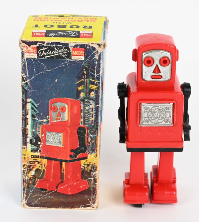 TELSALDA WINDUP ROBOT w/ BOX: Vintage windup Robot made in England. Works. Boxed. 5 3/4" Excellent