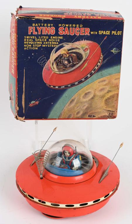 JAPAN Battery Op FLYING SAUCER w/ BOX: All original and looks never played with condition. Worked when tested. Box and Inserts. 8" Excellent