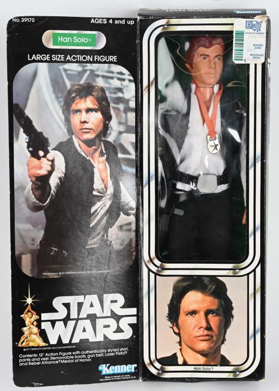 1977 STAR WARS 12" LARGE SIZE HAN SOLO w/ BOX: Nice original 1977 Star Wars 12" Large Size Han Solo Action Figure. Looks never played with condition. Has accessories. In original open box. 12" Excellent