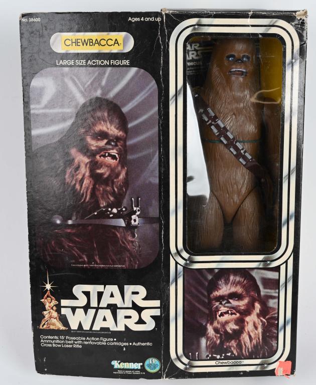 1977 STAR WARS 12" LARGE SIZE CHEWBACCA w/ BOX: Nice original 1977 Star Wars 12" Large Size Chewbacca Action Figure. Looks never played with condition. Has accessories. In original open box. 16" Excellent