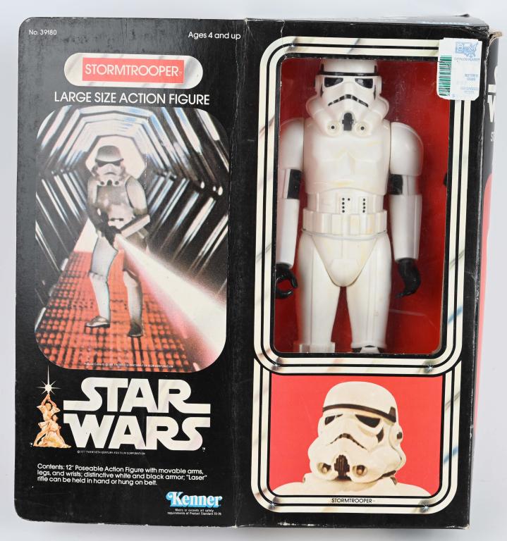 1977 STAR WARS 12" LARGE SIZE STORMTROOPER w/ BOX: Nice original 1977 Star Wars 12" Large Size Stormtrooper Action Figure. Looks never played with condition. Has accessories. In original open box. 12" Excellent