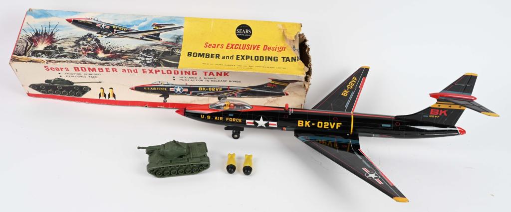 SEARS BOMBER & EXPLODING TANK w/ BOX: Excellent Sears Exclusive tin friction US Air Force Bomber. All original and in great shape. Comes with 2 original bombs. The tank is a replacement. Boxed. 24" Excellent
