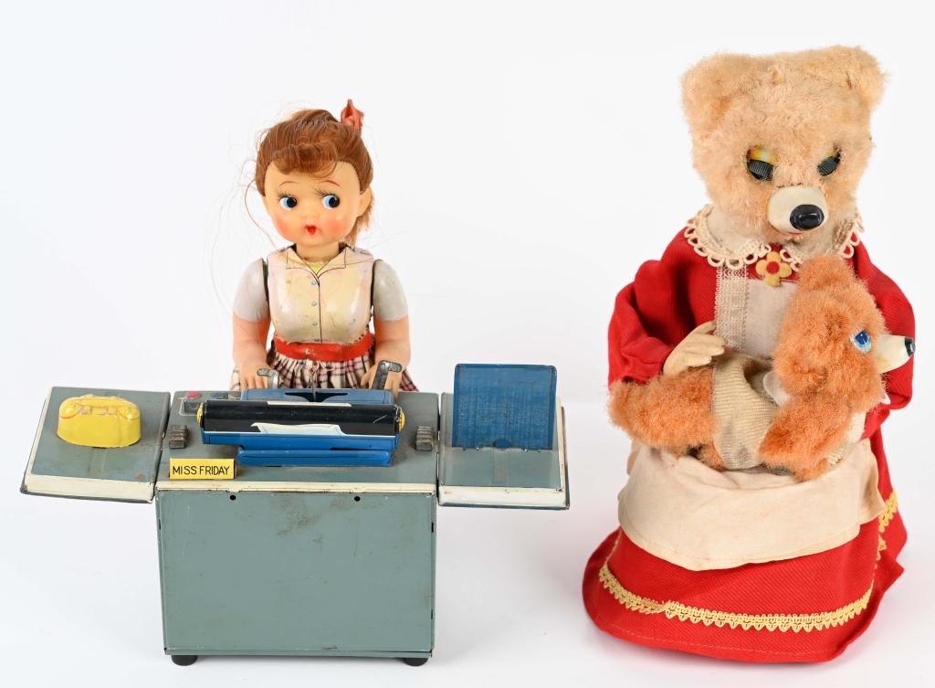 JAPAN Battery Op. MISS FRIDAY & SPANKING BEAR: Nice pair of vintage battery toys. Untested, but battery boxes are clean. Switch is missing on Miss Friday. Very Good