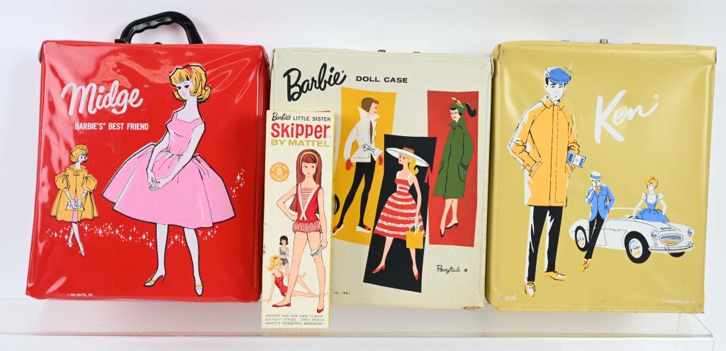 VINTAGE BARBIE DOLL LOT: Includes Barbie Doll Case with doll and clothing, Ken Doll Case with doll and clothing, Midge Doll Case with doll and clothing, Skipper Box, and more. Very Good-Excellent