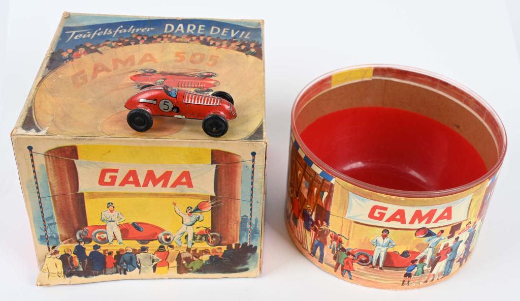 GAMA 505 DAREDEVIL w/ BOX: All original and complete with car. Works. Boxed. 8" Excellent