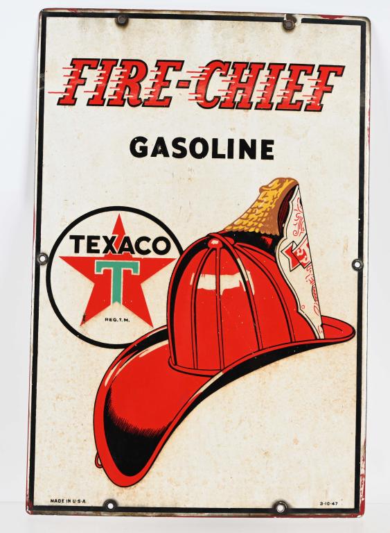 TEXACO FIRE CHIEF PORCELAIN SIGN: Original Texaco Porcelain Sign. Great colors. Dated 47. 18"x12" Excellent