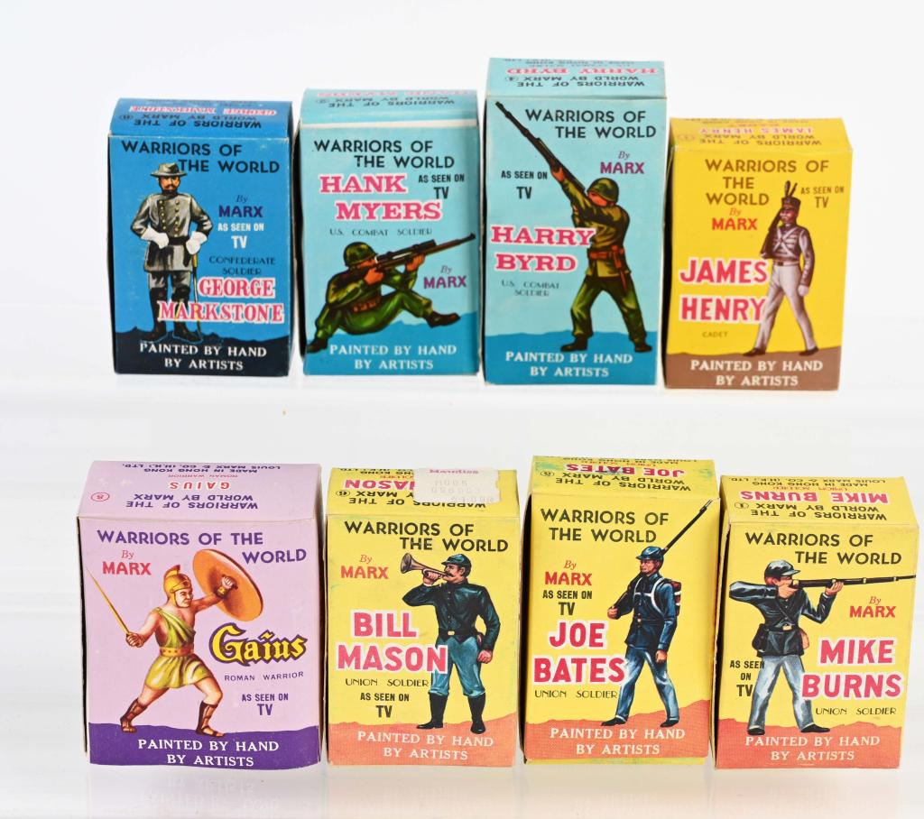 8- MARX WARRIORS of the WORD w/ CARDS & BOXES: Nice group of 8 old store stock Warriors of the World figures. All of the toys have the original boxes and cards. The WWII Harry Bird has a figure that doesn't match card in the box. This came from th