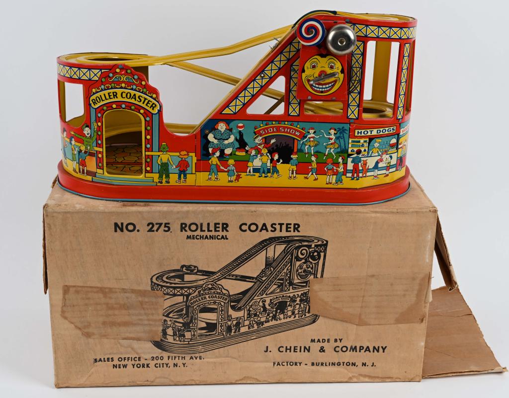 CHEIN Tin Windup ROLLER COASTER w/ BOX: Chein tin windup Roller Coaster. All original with great colors and graphics. Windup works. Missing cars. Comes with original box. 20" Excellent