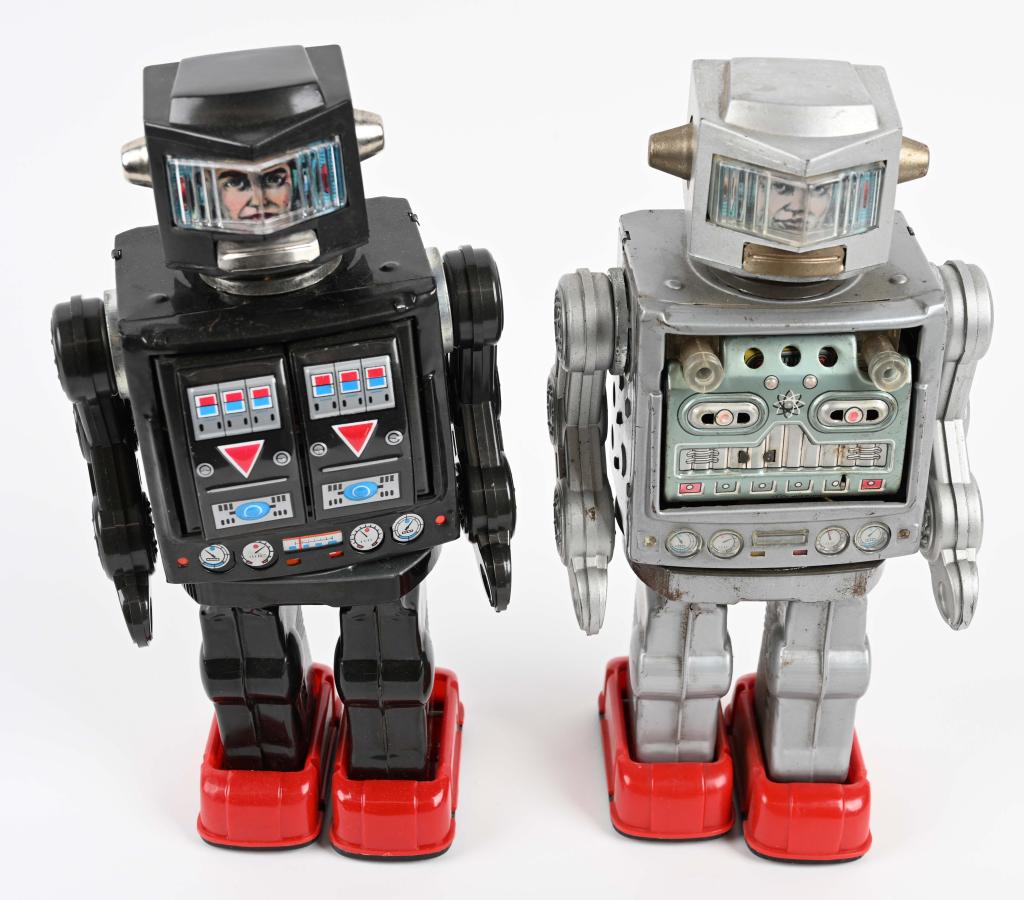 2- ASTRONAUT ROBOTS: Both all original. Includes Space Astronaut working with some wear and minor corrosion in battery box. Plus Rotate of Matic Robot that working but missing battery cover. 11 1/2" Very Good