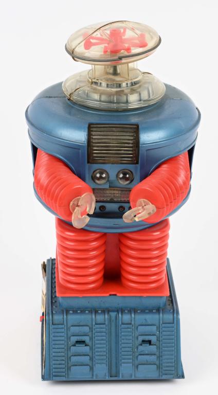 REMCO LOST IN SPACE ROBOT: All original and complete with battery bar. Blue and red version. Missing decal on one side. 12 1/2" Very Good-Excellent