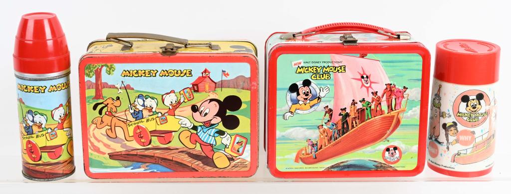 2-VINTAGE LUNCH BOXES MICKEY MOUSE: Lot includes 2 different lunch boxes, both include the original thermos. The 1954 box is very good with a nice thermos. The other box has general wear, paint loss, with scattered light rust. Great gra