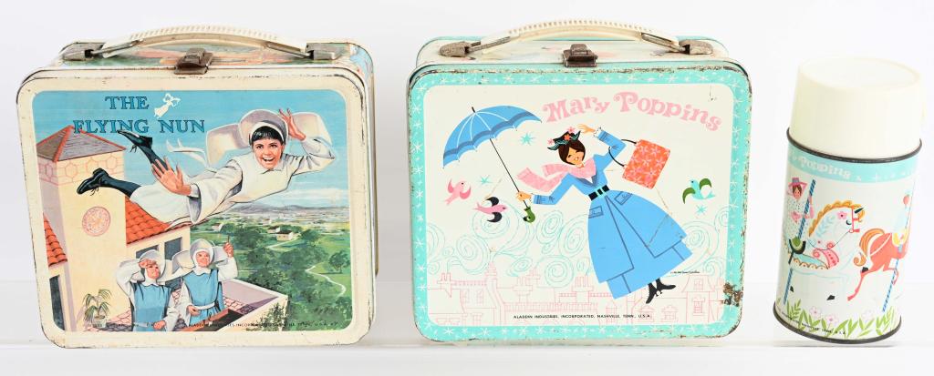 2-1960's LUNCH BOXES, MARY POPPINS, FLYING NUN: 1964 Mary Poppins box includes thermos. The 1968 Flying Nun box does not have the thermos. Both have general wear, minor paint loss and scattered surface rust spots. Very Good