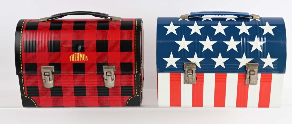 2- VINTAGE DOME LUNCH BOXES, PLAID & FLAG: Lot includes 2 original boxes without thermos. Both have light wear on exterior. Plaid box has some scattered rust spots on interior. Very Good