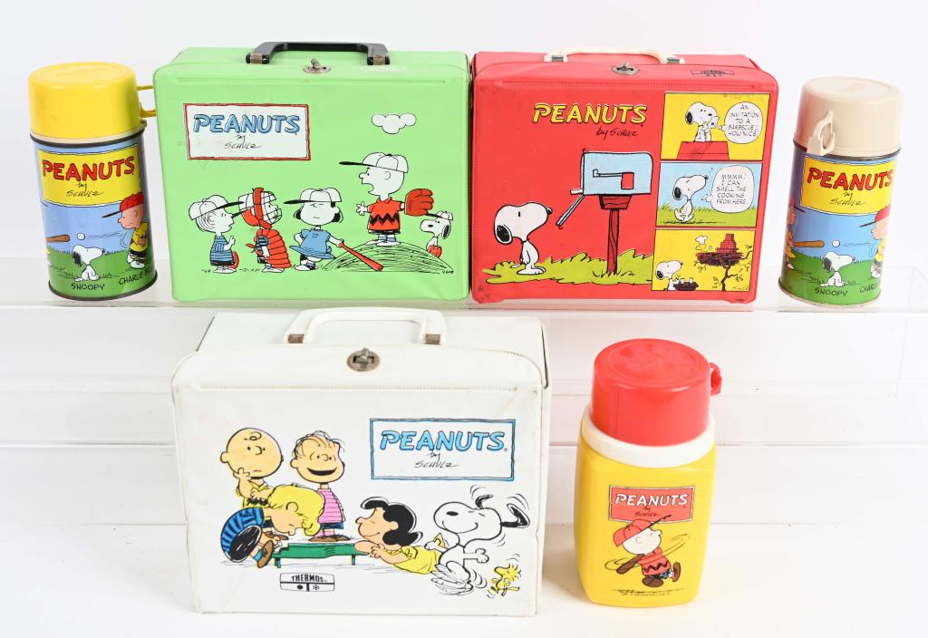 3- VINTAGE PEANUTS VINYL LUNCH BOXES: Lot of 3 different Peanuts vinyl lunch boxes all with the thermos. Light wear. Condition varies. Very Good-Excellent