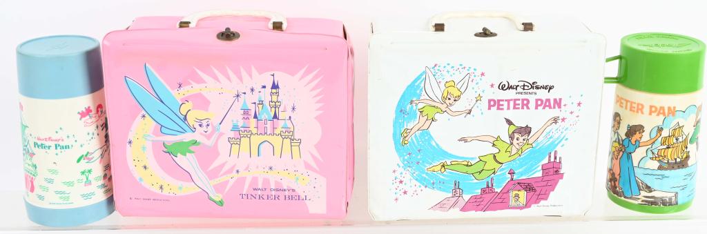 2- VINYL LUNCH BOXES PETER PAN & TINKERBELL: Nice original boxes both include the thermos. Some soiling and the Tinkerbell box has a child's name inside. very Good