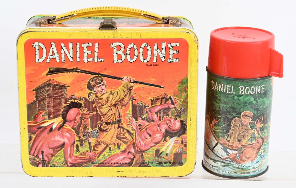 1955 DANIEL BOONE LUNCH BOX: Original lunch box with thermos. Light wear and minor paint loss. Has original Aladdin sticker on side. Very Good