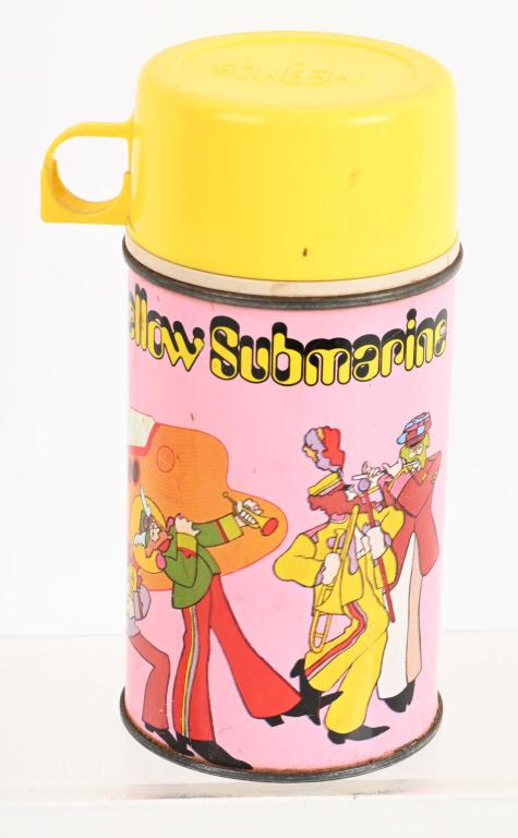 1968 BEATLES YELLOW SUBMARINE THERMOS BOTTLE: Original thermos with great graphics. Complete and original. General wear. Very Good