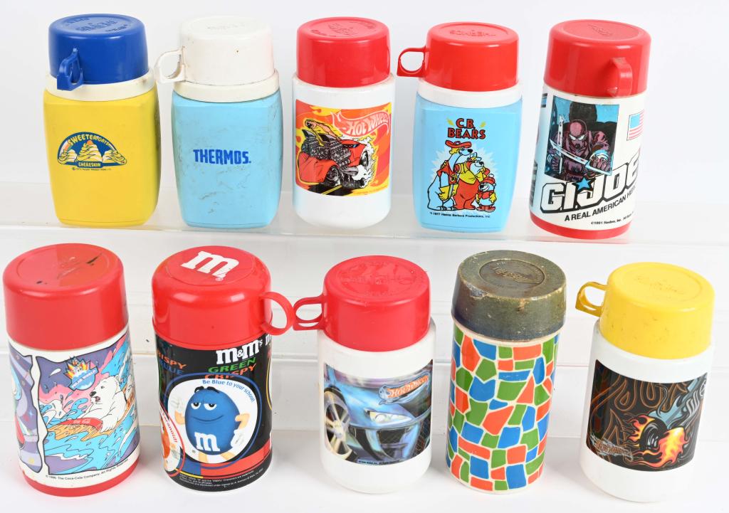 10- LUNCH BOX THERMOS BOTTLES: Lot includes 3- different Hot wheels, Coca Cola Bear M&M's, C.B. Bears, G.I. Joe and more Condition varies, overall Very Good