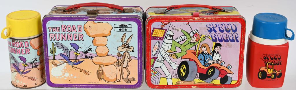 ROAD RUNNER and SPEED BUGGY LUNCH BOXES: Both boxes include the original thermos bottles. The boxes have edge wear and scattered spots of rust and wear. Both display well. Very Good