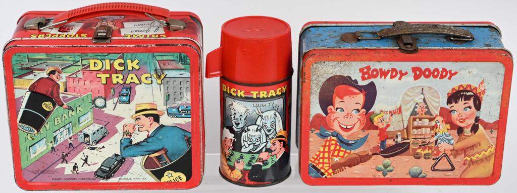 1954 HOWDY DOODY & 1967 DICK TRACY LUNCH BOXES: Both original boxes have general wear and spots of light rust. The Dick Tracy includes the correct original thermos. The Howdy Doody box is missing the thermos. Very nice graphics, and may clean to a 