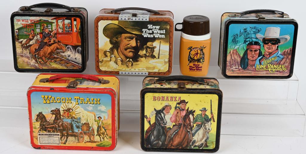 5- VINTAGE WESTERN LUNCH BOXES: Lot includes How The west Was Won with thermos, 1969 The Wild Wild West, Bonanza, Wagon Train, and 1980 The Legend of the Lone Ranger. Condition varies, some light rust and paint loss. Good-Very Good