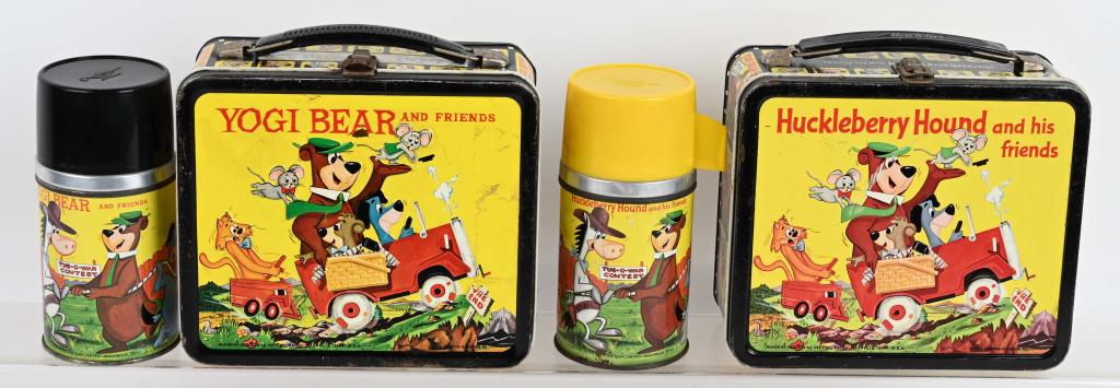 2- 1960's HANNA-BARBERA LUNCH BOXES w/ THERMOS: Lot includes 1961 Huckleberry Hound and Quick Draw McGraw, along with 1961-63 Yogi Bear and Friends. Great graphics, both have general wear and some paint loss. The Yogi Bear thermos is missing the gl