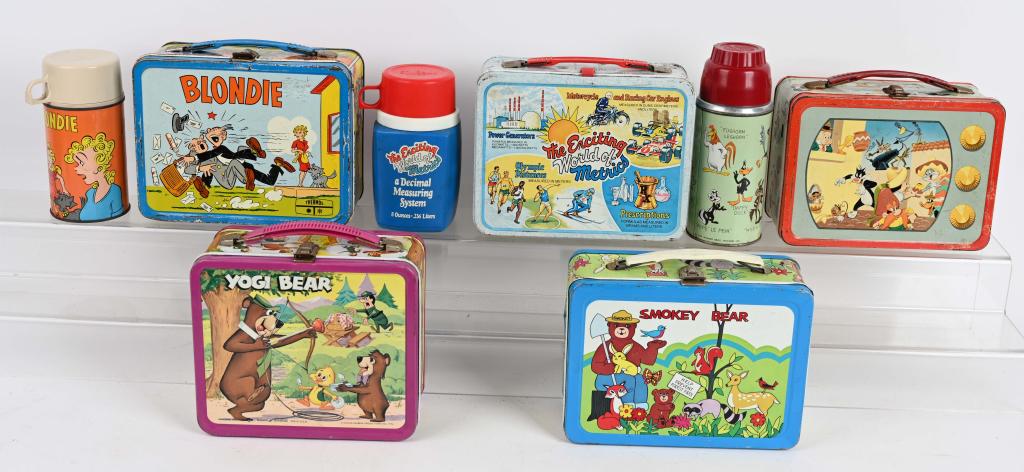 5- VINTAGE LUNCH BOXES: Very nice lot with scarce 1973 Smokey Bear, 1974 Yogi Bear,1959 Warner Bros TV, 1969 Blondie and 1976 Metric System. All have thermos bottles except for Yogi Bear and Smokey Bear. Condition varies, so