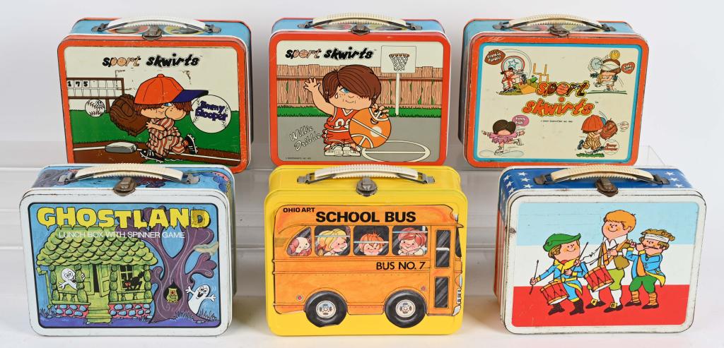 6- VINTAGE OHIO ART LUNCH BOXES w/ PROTOTYPE: Lot includes one of a kind Prototype obtained from Artist for a School Bus lunch box that was not put into production. Also included is Spirit of 76, Ghostland and 3 different Sports Skwirts boxes. No