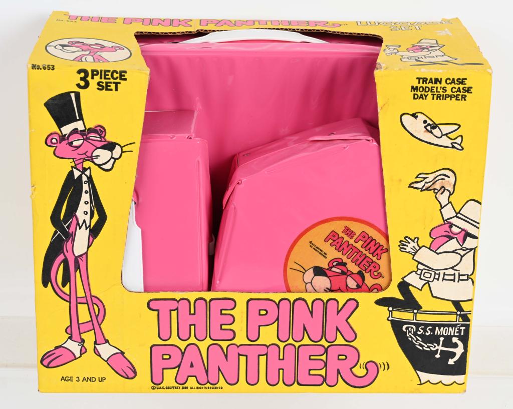 1980 THE PINK PANTHER VINYL LUGGAGE SET w/ BOX: Scarce original vinyl Pink Panther Luggage set in the original graphic box. Old store stock, Unused. 13" by 10 1/2" First set we've seen. Excellent-Near Mint