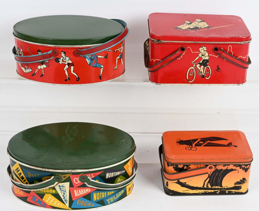 4- EARLY LUNCH PAILS: Lot includes 2 different Sports, College Pennants and Americana. Light wear and scratches. Largest is 8 1/2" Overall Very Good