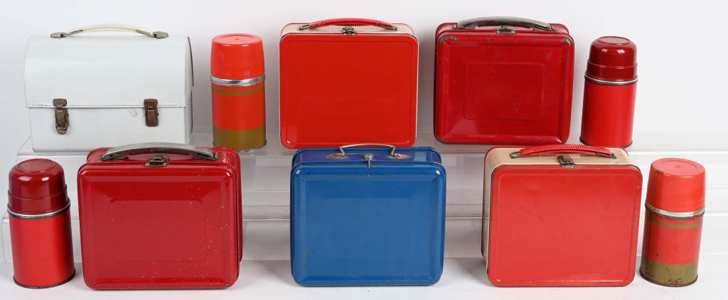 6- VINTAGE LUNCH BOXES: Nice lot of early lunch boxes. One has a very early push button latch. The dome box has the original decals inside. Three of the boxes resemble the early Tom Corbett box. Includes 4 thermos bottles. O
