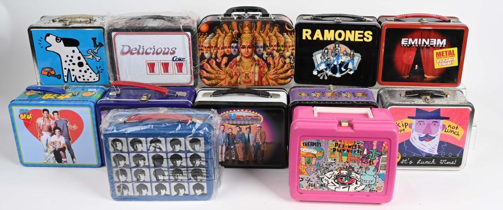 12- METAL and PLASTIC LUNCH BOXES: Lot includes The Ramones, Emiem, Beatles, Saved by the Bell, NSYNC & more. Condition varies, overall Excellent