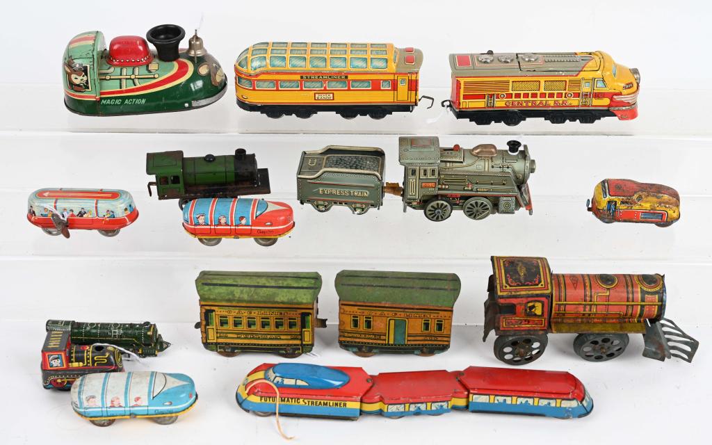 LOT OF VINTAGE TIN TRAINS: Lot of vintage Train toys. As-Is