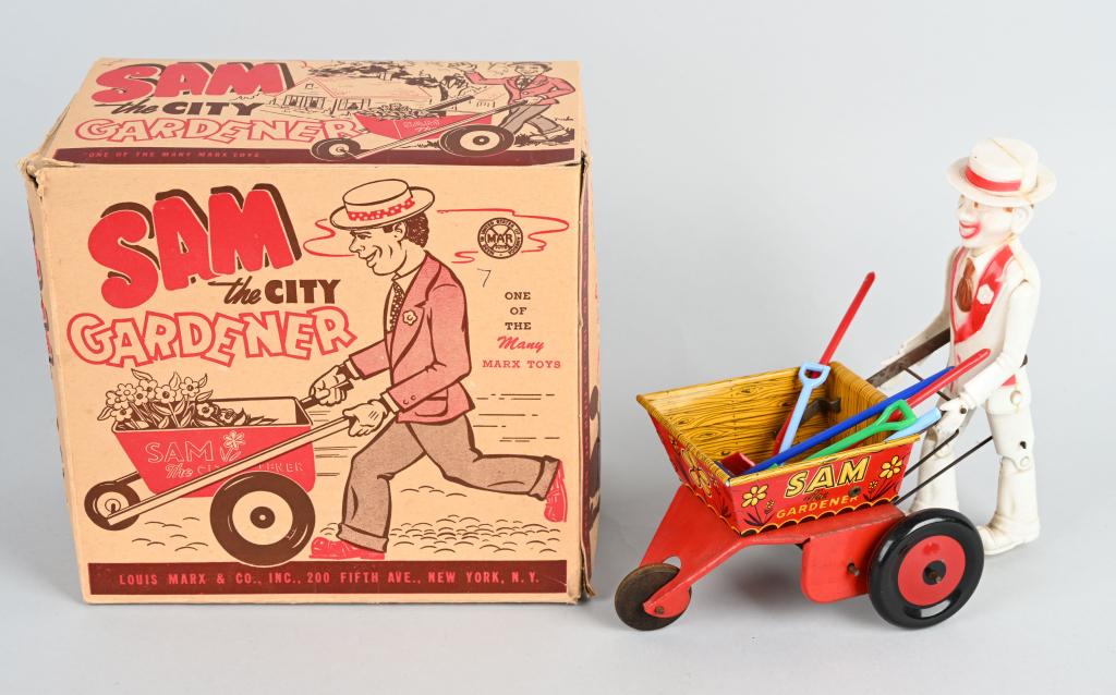 MARX Tin Windup SAM THE GARDENER w/ BOX: All original and in great condition. Comes with accessory tools. Windup works. Boxed. 9" Excellent