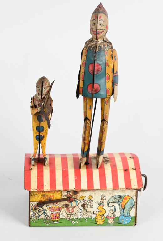 UNIQUE ART Tin Windup DANDY JIM & VIOLIN CLOWN: All original and complete. Scarce version with small Violin Playing Clown. Windup works. 10" Very Good