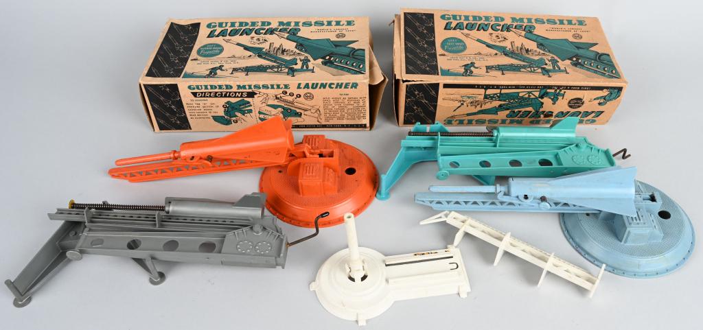 2- MARX GUIDED MISSILE LAUNCHERS w/ BOXES: Pair of Marx Guided Missile Launchers. Look mostly complete. Boxed. 11" Excellent