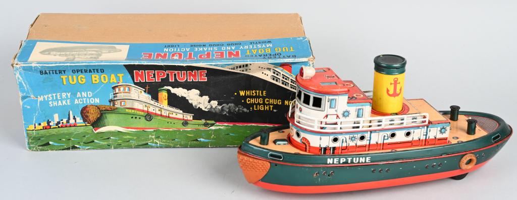 JAPAN Battery Op NEPTUNE TUG BOAT w/ BOX: All original and complete. Worked when tested. Boxed. 15" Excellent