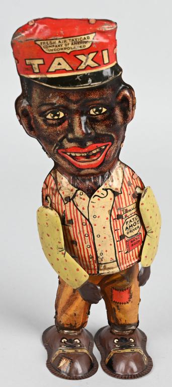 MARX Tin Windup AMOS WALKER: Early Marx character toy. "Amos" from the Amos and Andy Radio Show. Has some wear. Arms are correct replacements. Works. 11" Very Good