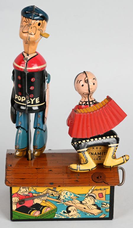 MARX Tin Windup POPEYE & OLIVE OYL JIGGER: Great Marx character toy! Super clean all original example. Great colors and graphics. Windup works. 9" Excellent