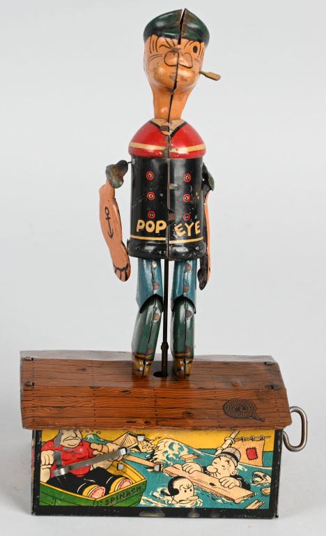 MARX Tin Windup POPEYE JIGGER: Nice all original early Marx character toy. Great graphics. Windup works. 9" Excellent