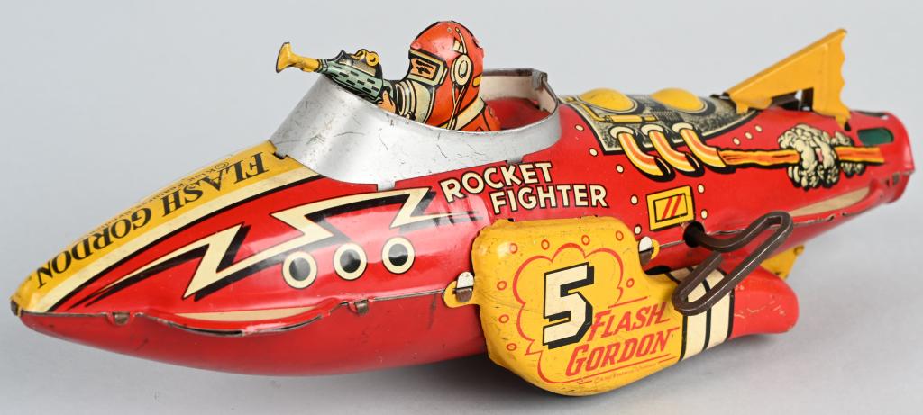 MARX Tin Windup FLASH GORDON ROCKET FIGHTER: Nice original Flash Gordon Rocket Fighter. #5 on fin version. All original with great colors. Windup works. 12" Excellent