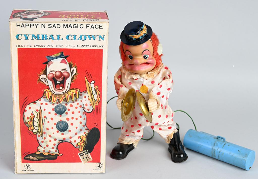 JAPAN battery Op CYMBAL CLOWN: All original with Happy and Sad Magic Face. Battery box has crack. Did not work when tested. Box is nice reproduction. 11" Very Good