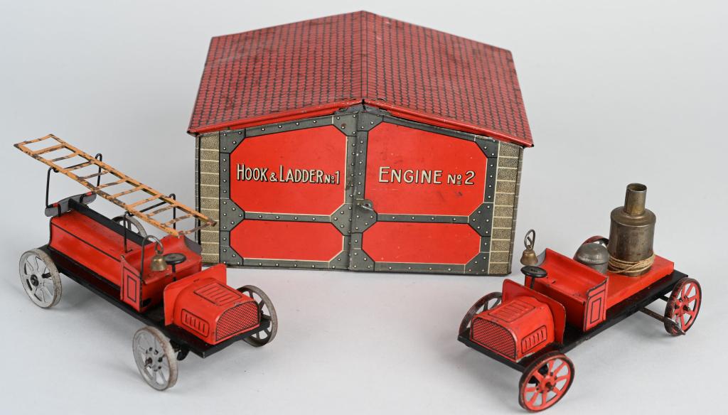 BING Windup HOOK & LADDER w/ FIRE STATION: Early German tin windup Ladder and Boiler Truck. Both windups work. Comes with original Fire Station. 8" Very Good-Excellent