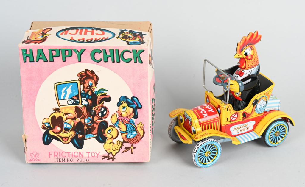 JAPAN Tin Windup HAPPY CHICK MOBILE w/ BOX: All original with great colors. Works. Boxed. 5 1/2" Excellent
