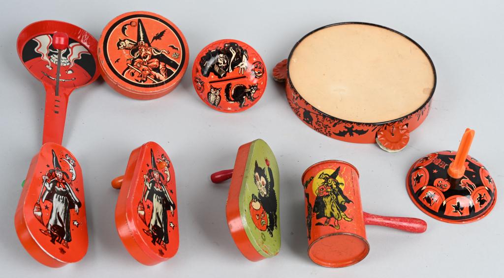9- VINTAGE HALLOWEEN NOISE MAKERS: Great lot of vintage tin Halloween Noise Makers. Excellent