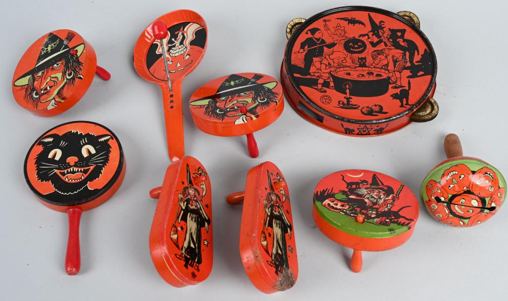 9- VINTAGE HALLOWEEN NOISE MAKERS: Great lot of vintage tin Halloween Noise Makers. Excellent