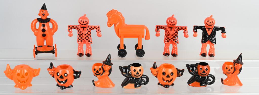 12- VINTAGE HALLOWEEN CANDY CONTAINERS: Great lot of vintage Halloween Candy Containers. Some unusual examples. Excellent