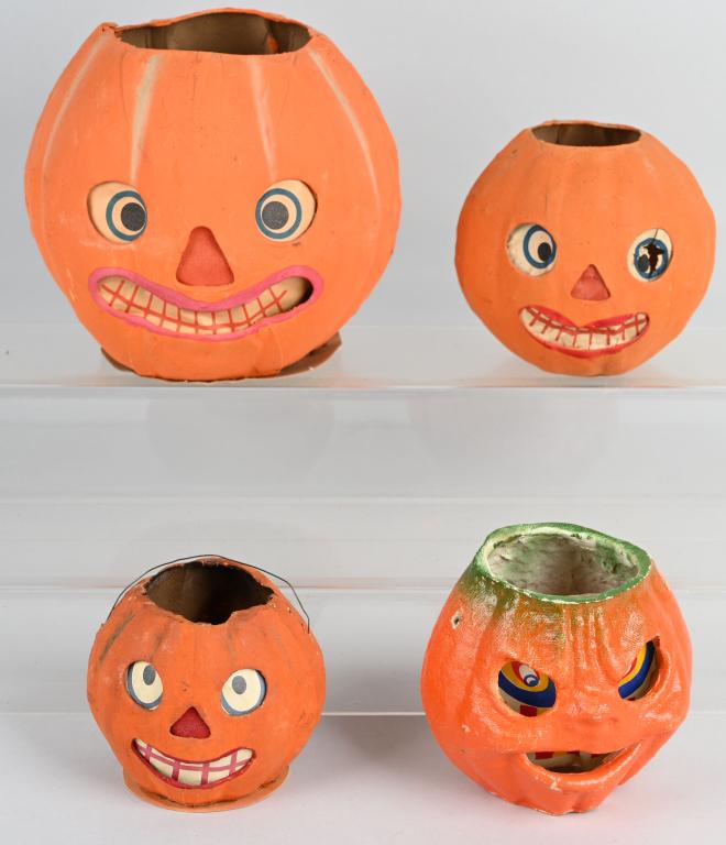 4- HALLOWEEN PAPER MACHE JACK O LANTERNS: Excellent collection of 4 vintage paper mache Jack O Lanterns. All original and in great condition. Largest 7" Excellent